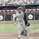 Henderson lets the crowd know who is number one after his first inning HR in game 4 of the 1989 World Series. (Photo: AP)
